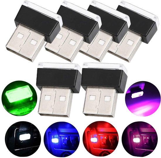 Set van zes zwarte USB LED-lampjes. Met groene, witte, blauwe, rode en paarse lichteffecten.