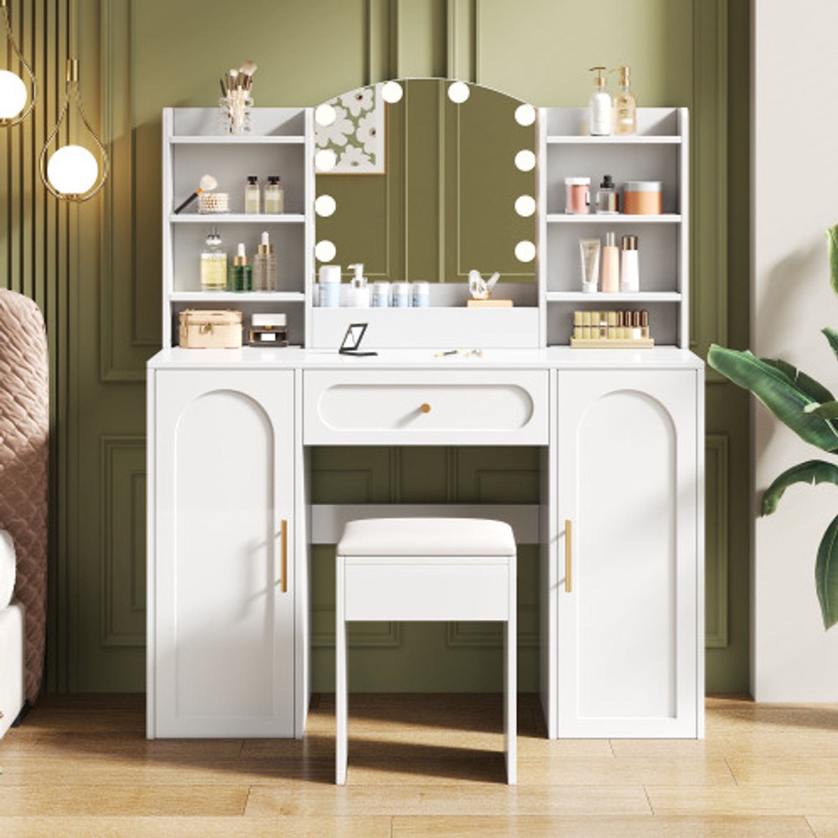 Grote kaptafel – voorzien van verstelbare ledverlichting, spiegel en kruk – met één lade en twee deuren – moderne stijl – kleur: wit – geschikt voor de slaapkamer – afmetingen: 110 x 40 x 132 cm