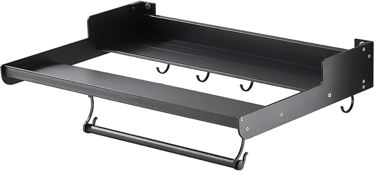 Keukenrek Magnetron - Oven Plank - Keuken Organiseren - Met 5 Haken - 55 x 38 x 8.5 cm - Zwart