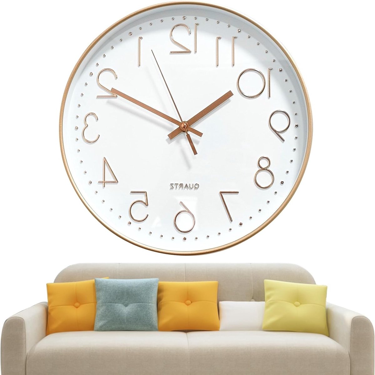 Stijlvolle ronde wandklok met stille quartz beweging, modern ontwerp, perfect voor kinderkamers, wit en roségoud
