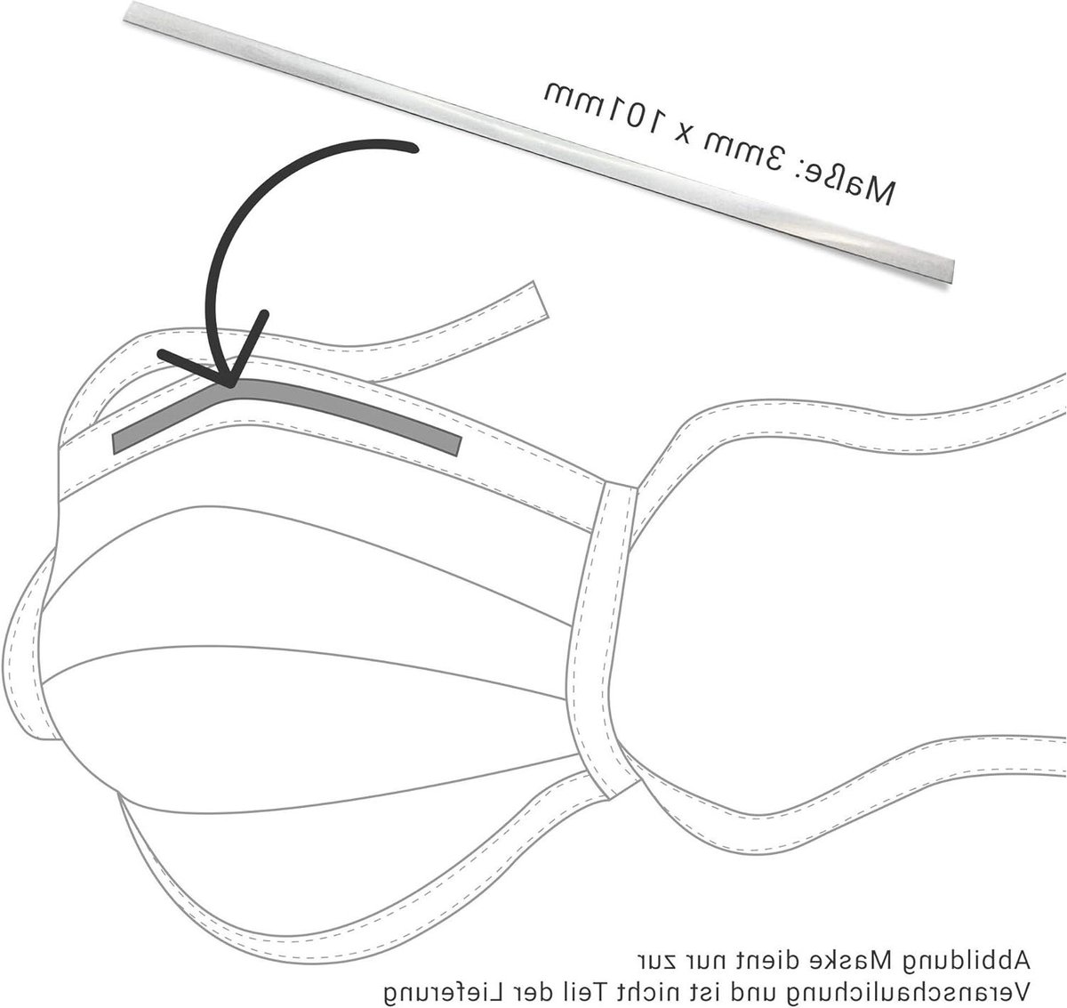 Neusbrug strips - Maskeronderdelen - Handgemaakte Maskers - Roestvrij lichtgewicht - 3x101 mm - Zilver