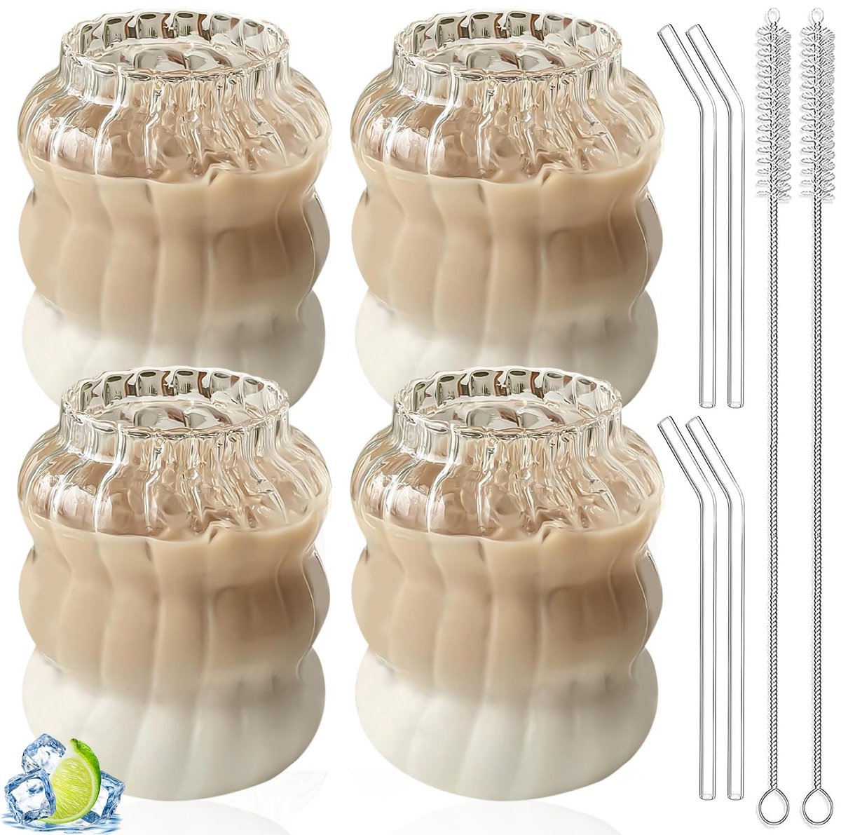 Dailygoods - Set van 4 Heldere Glazen Koffiekopjes met Rietjes
