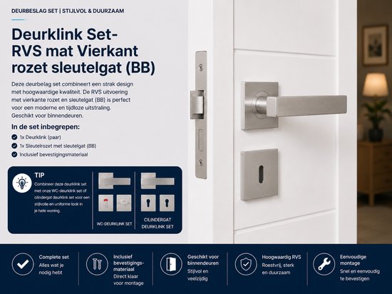 Deurklink set RVS met vierkante rozet en sleutelgat gemonteerd op een witte deur.
