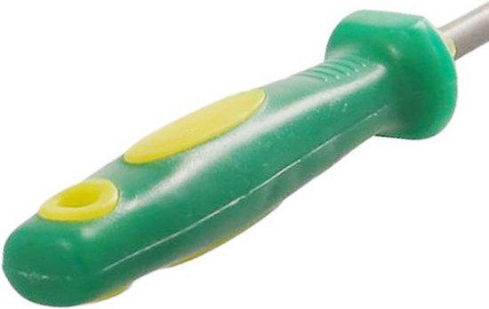 Gedetailleerde close-up van het ergonomische, groene en gele handvat van een vijl.