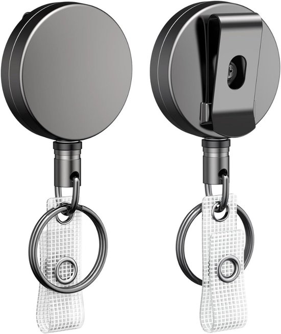 Porte-badge argenté avec cordon rétractable, avec et sans clip au dos.