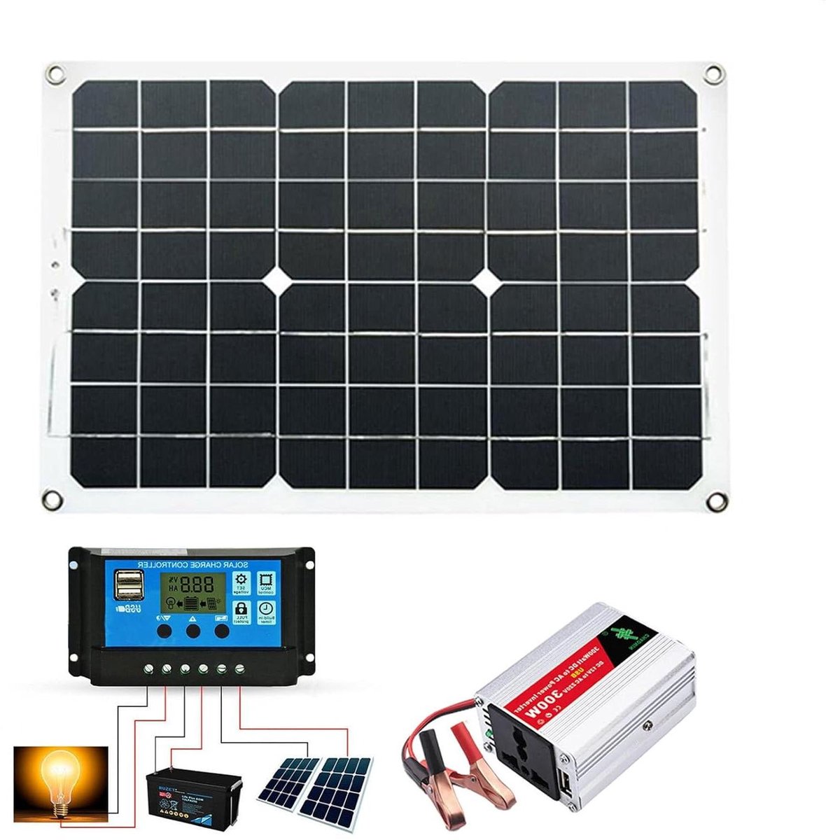 Zonnegenerator met panelen - Energie station - Off-grid stroom - 300W piekvermogen - 220V AC - Metaal