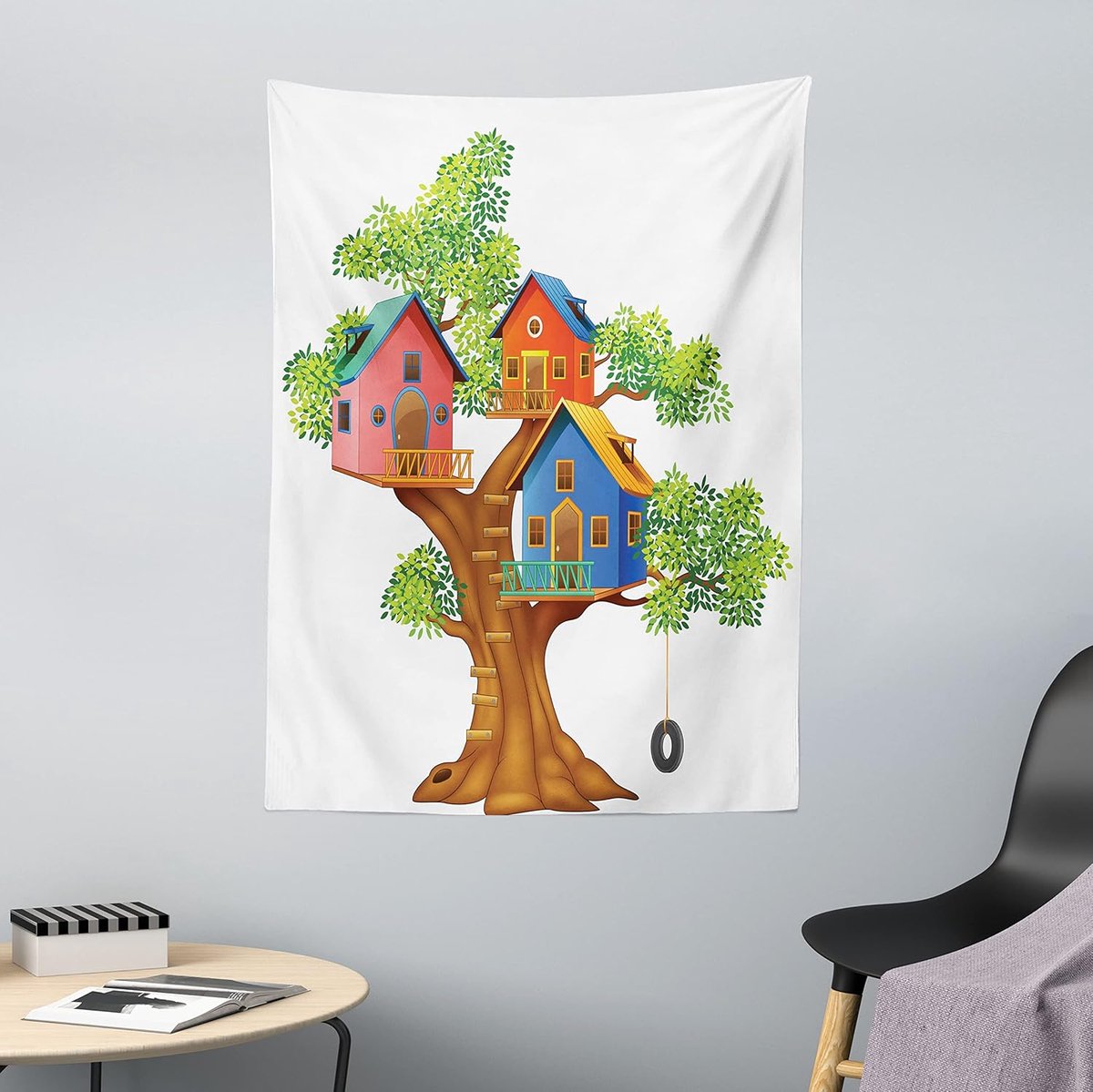 ABAKUHAUS Boomhut Tapijt, Cartoon Cottages gemaakt van zachte microvezelstof Wasbaar zonder vervagend Digitaal Print, 110 x 150 cm, Multicolor Groenbruin