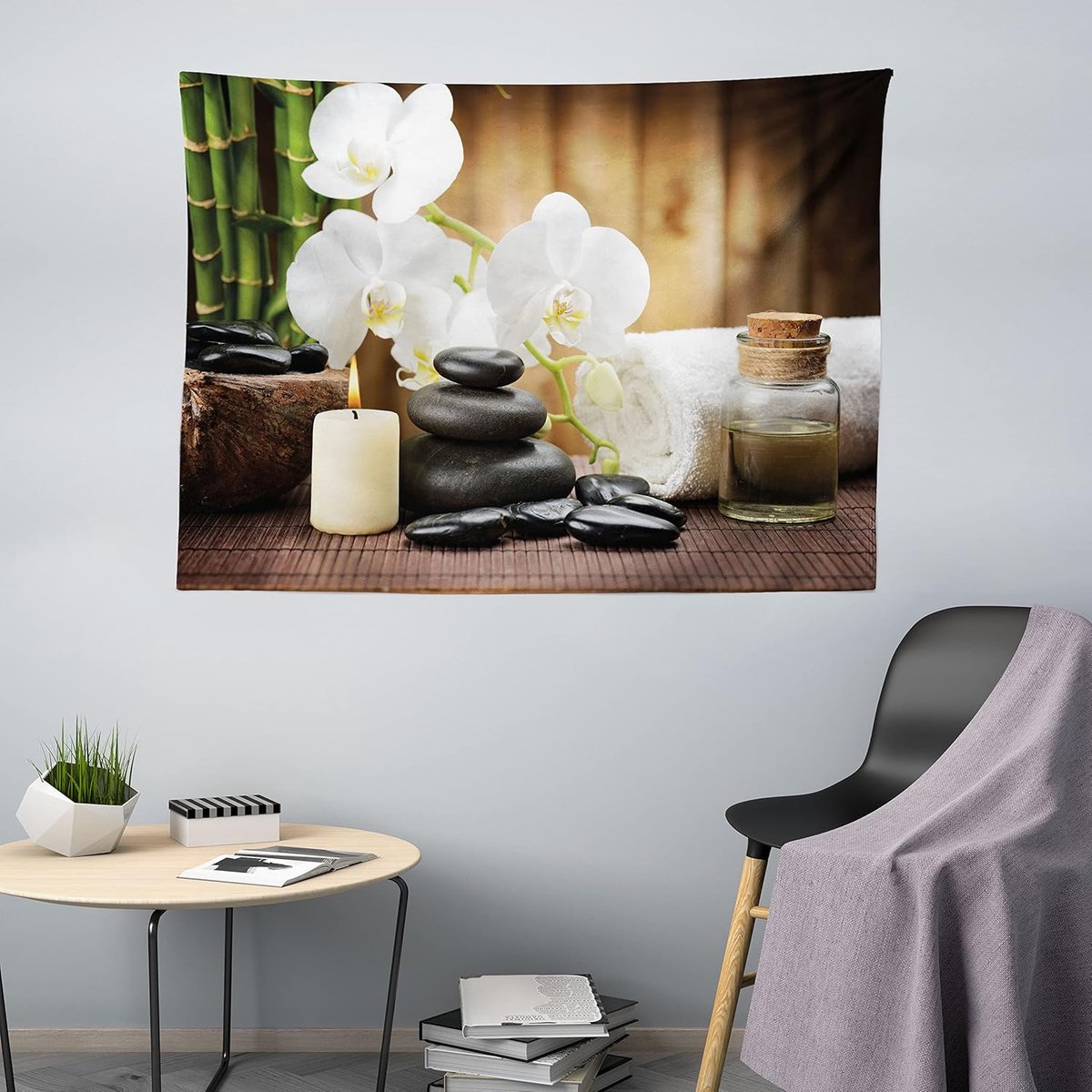 ABAKUHAUS Spa Wandtapijt, Stenen Bloemen, Woonkamer Slaapkamer Wanddoek Zijdezacht satijn wandtapijt, 200 x 150 cm, Wit, Groen en Zwart