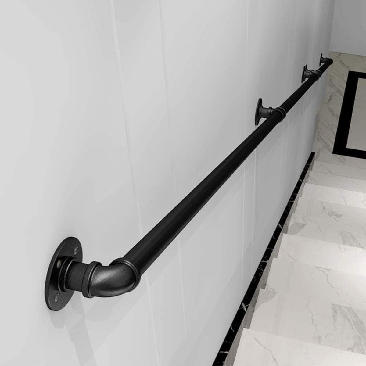 Industriële trapleuning - Wand trapleuning - Veiligheid thuis - Smeedijzer en gegalvaniseerde buis - 30 cm - 300 cm - Zwart
