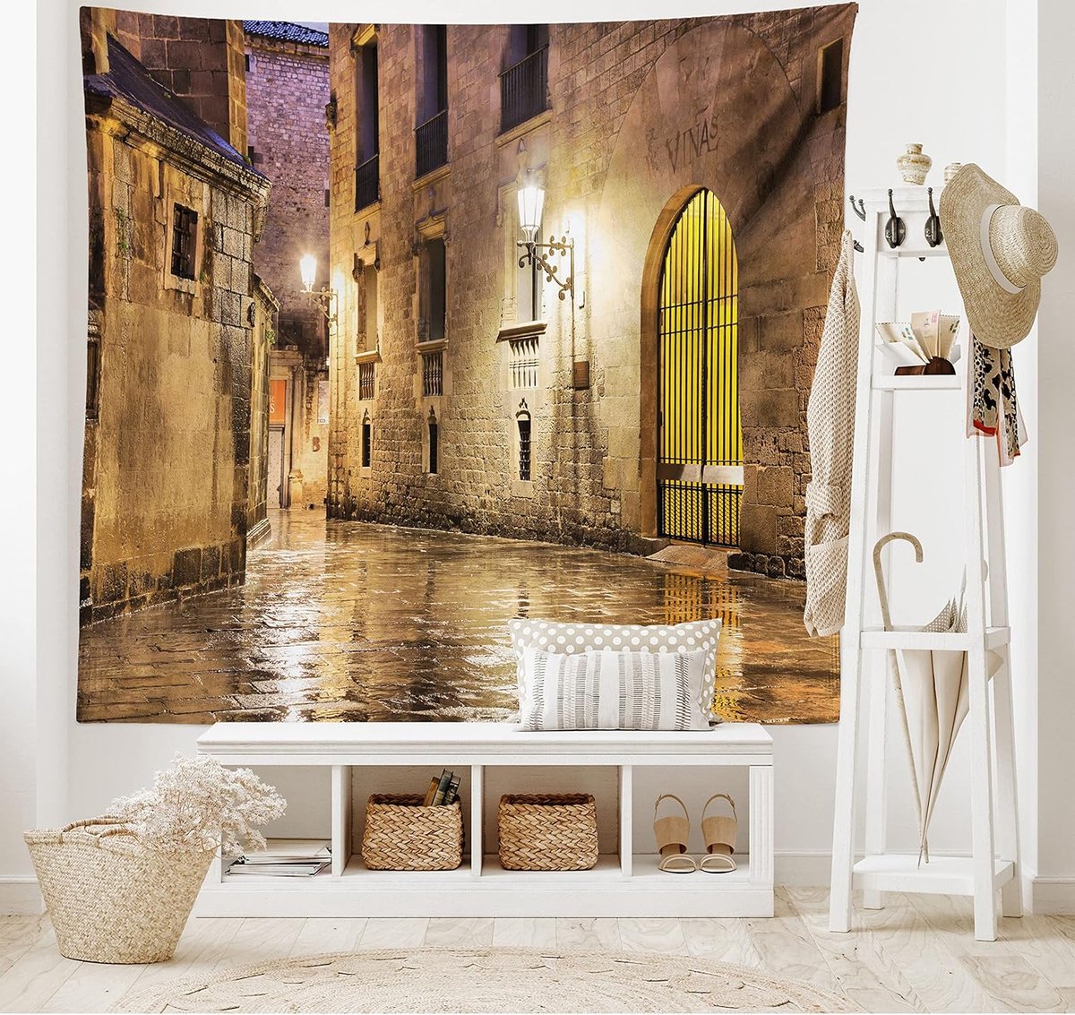 ABAKUHAUS crèmekleurig wandtapijt, gotische stenen, woonkamer slaapkamer wanddoek zijdezacht satijn wandtapijt, 200 x 150 cm, crèmekleurig Cream
