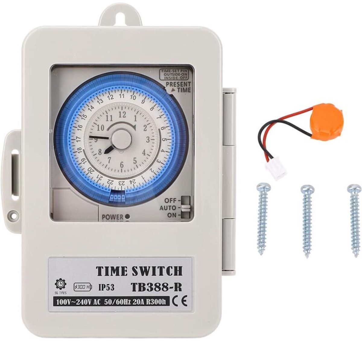 Mechanische 24-uurs timer met transparante afdekking, schakelaar voor minimale timertijd van 15 minuten, geschikt voor de productie van straatverlichtingsapparatuur TB388-R.