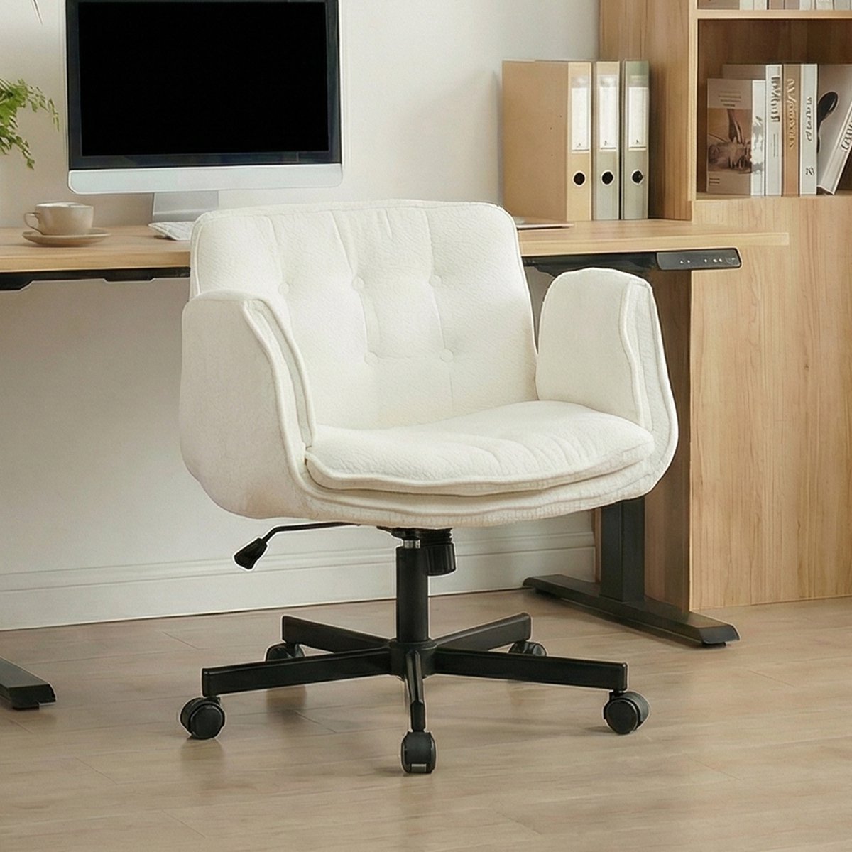 Ergonomische Bureaustoel - Fauteuilstoel - 5-Standen Verstelbare Armleuningen - Brede Zitting - Dubbel Memory Foam - Verstelbare Rugleuning - 360° Draaibaar en Hoogte Verstelbaar - Computerstoel/Studeerstoel-Wit