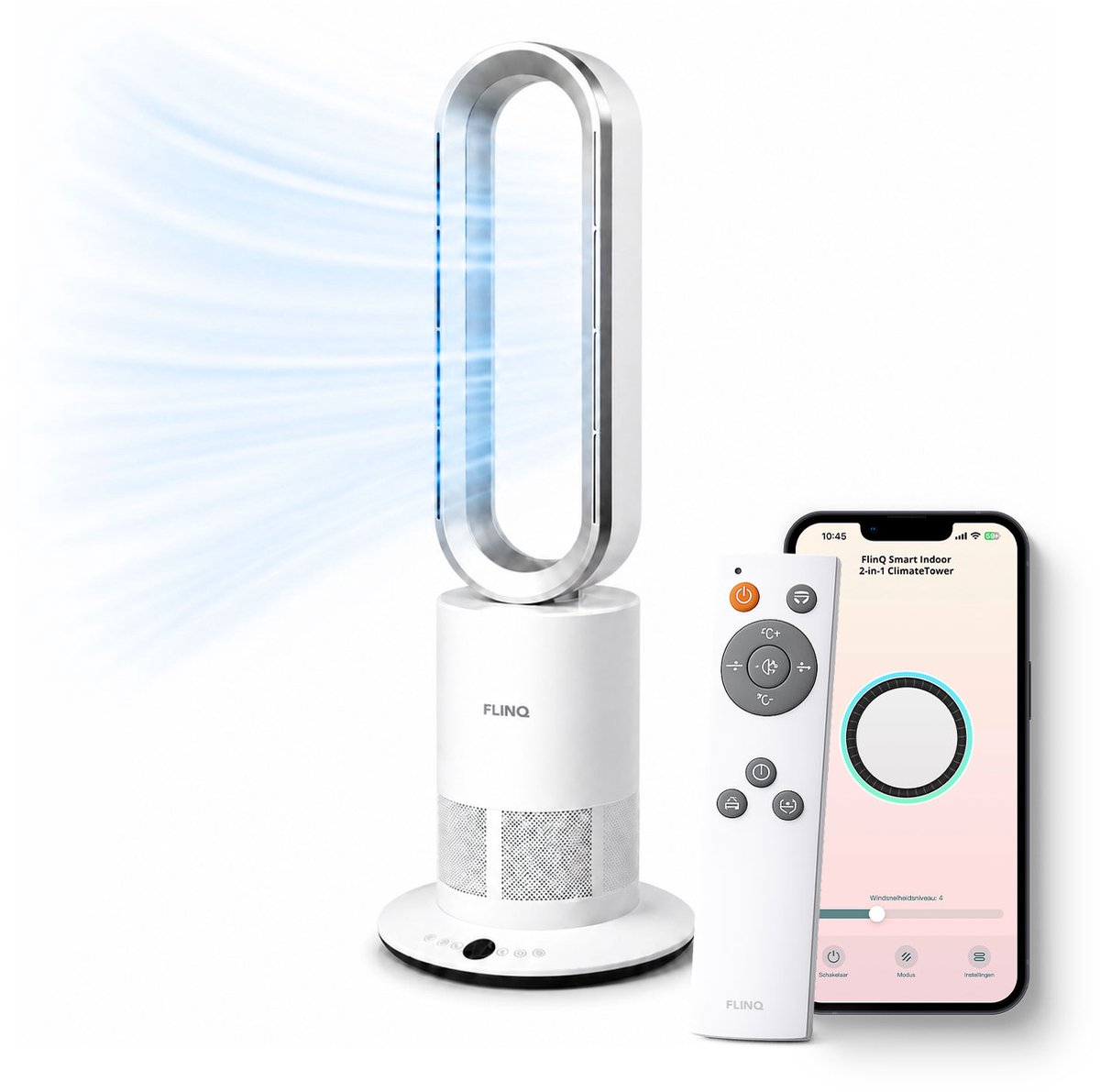 FlinQ Smart 2-in-1 Bladloze Ventilator - Luchtkoeler - Aircooler met Draaifunctie - Stille Waaier met 80° Draaibeweging - Bedienen met App of Afstandsbediening - Verwarming en Verkoeling in 1 - Ventilatoren - Vloerventilator - Statiefventilator