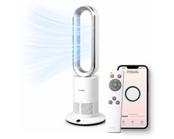 FlinQ Smart 2-in-1 Bladloze Ventilator – Luchtkoeler – Aircooler met Draaifunctie – Stille Waaier met 80° Draaibeweging – Bedienen met App of Afstandsbediening – Verwarming en Verkoeling in 1 – Ventilatoren – Vloerventilator – Statiefventilator