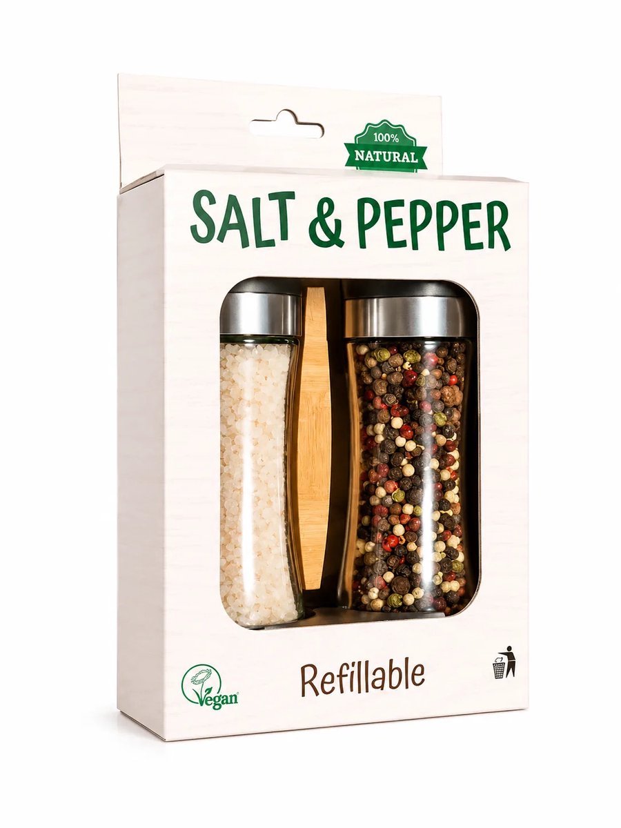 Peper- en Zout Stel | Keltisch Zeezout 150g+Pepermix 80g | Hervulbare Glazen Molens
