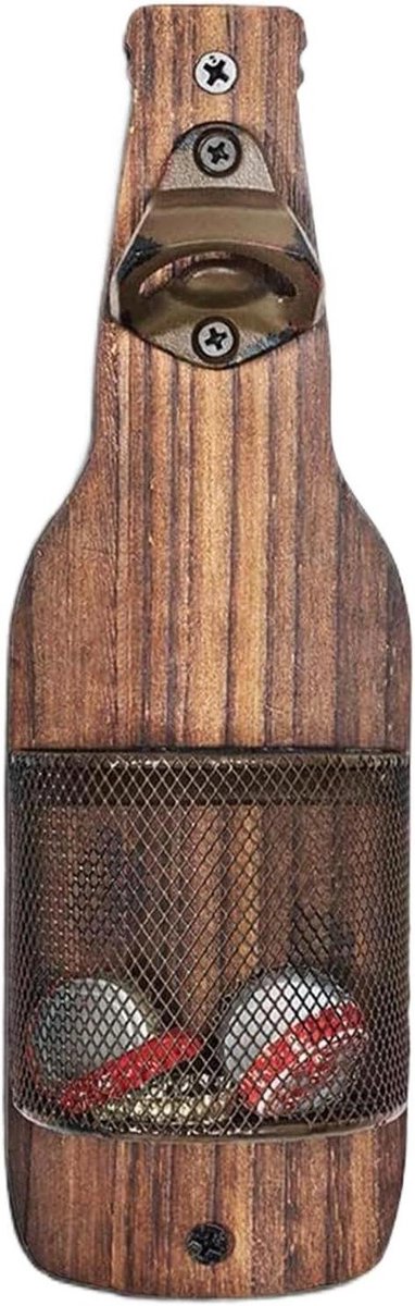 Wandflesopener - Keukenhulp - Flessen Openen - Geïntegreerd Dekselhouder - 27.5 cm - Houtkleur