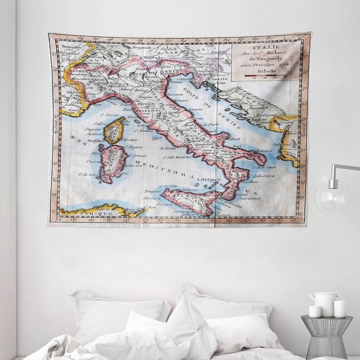 ABAKUHAUS Kleurrijk Wandtapijt, Oud-Italië-kaart, Woonkamer Slaapkamer Wanddoek Zijdezacht Satijn Wandtapijt, 200 x 150 cm, Meerkleurig