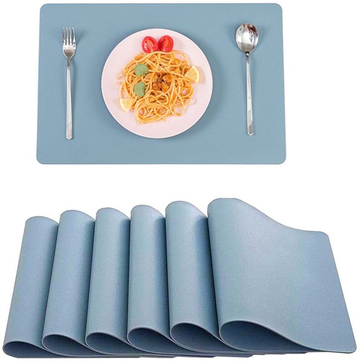 (Grijsblauw) Leren placemats, 6-delige set, wasbare en waterdichte rechthoekige placemats, hittebestendig, 45 × 30 cm