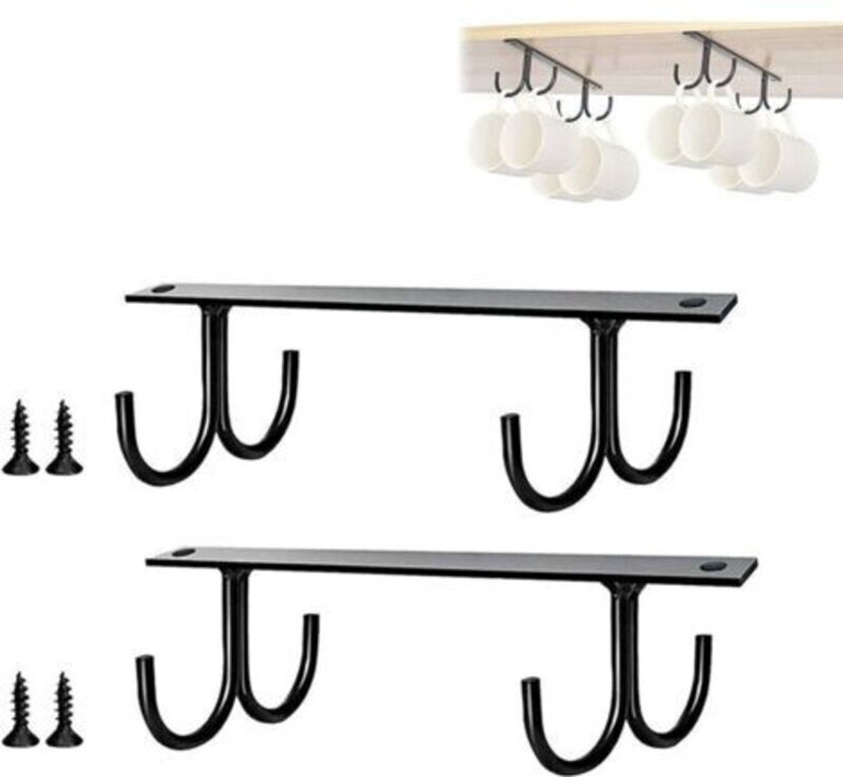 Tweedelige hangende kopjesrekset, kopjesrek geschikt voor onder de keukenkastjes, multifunctioneel opbergrek geschikt voor kopjes, haken geschikt voor koffiekopjes en bierpullen, hangend opbergrek geschikt voor keukengerei