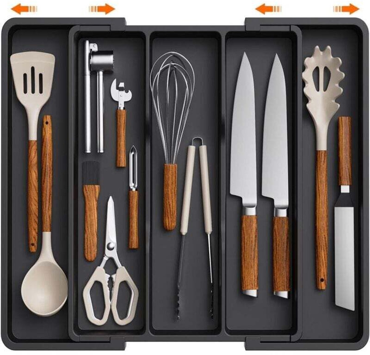 Besteklade, grote uitschuifbare besteklade geschikt voor in de keuken, verstelbare besteklade, plastic keukenaccessoires, tussenschot, groot, zwart.