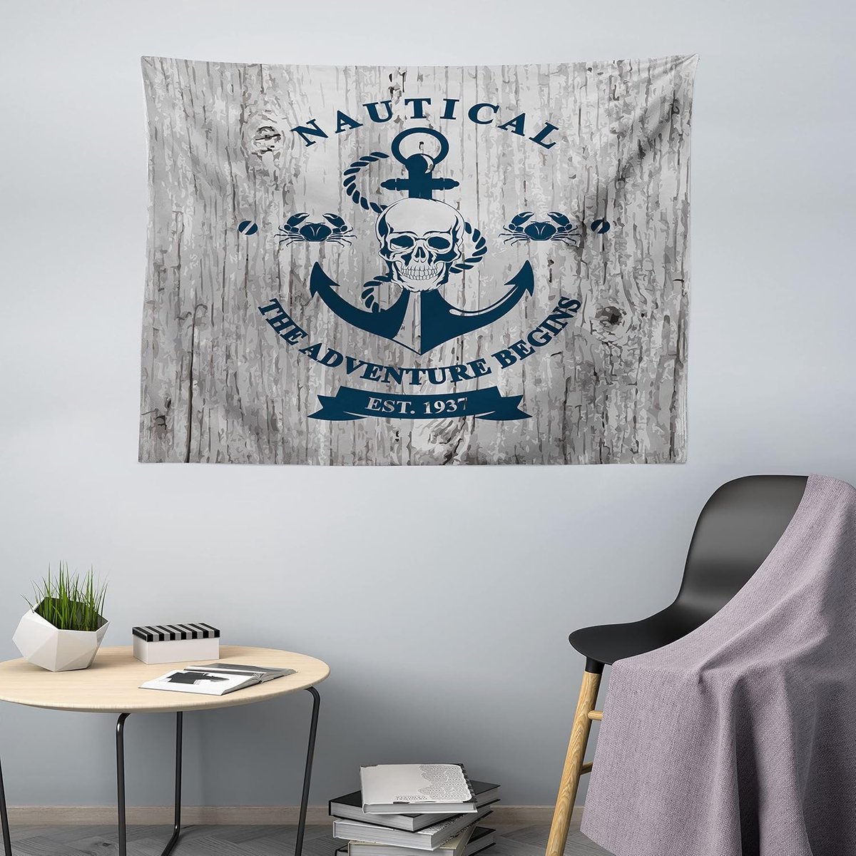 ABAKUHAUS nautisch wandtapijt, ankerschedel zeetouw, woonkamer slaapkamer wanddoek zijdezacht satijn wandtapijt, 200 x 150 cm, beige marineblauw