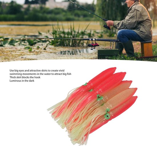 10pcs Squid Lures, Squid Skirt Fishing Lures, 30cm Silicone Lifelike Squid Swimbait, Soft Plastic Bass Fishing Lures, Luminous Squid Skirt Fishing Bait with Hook(Pink) — afbeelding 4
