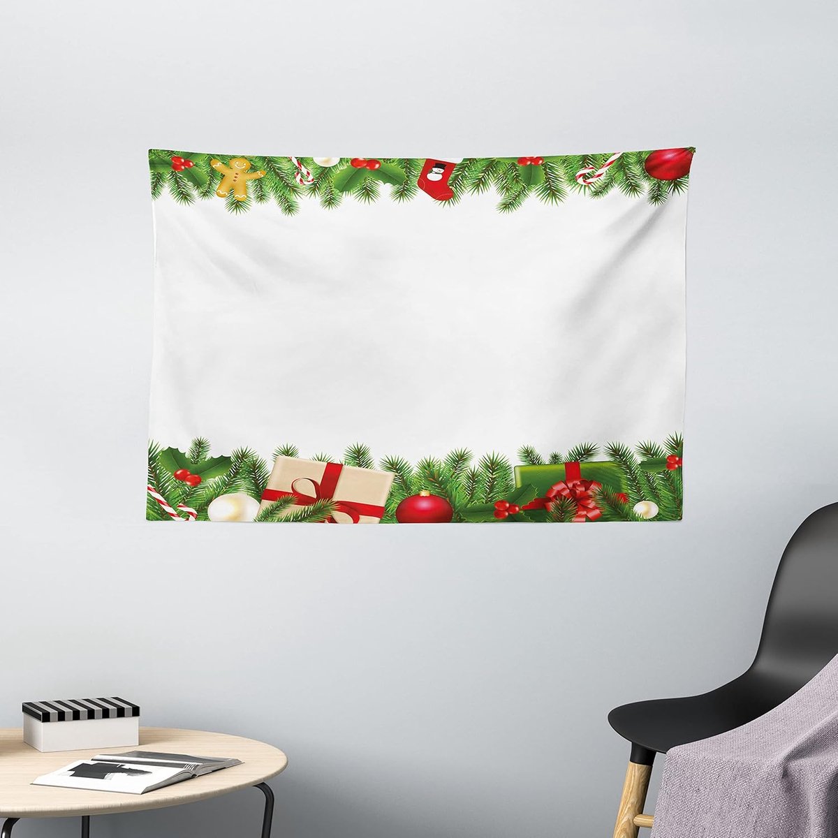 ABAKUHAUS Kersttapijt, Klassieke boomkrans, Woonkamer Slaapkamer Wanddoek Zijdezacht Satijn Tapijt, 150 x 100 cm, Meerkleurig Groen Rood