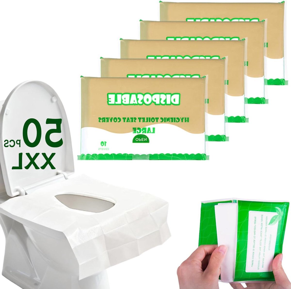 Toiletstoelhoezen Wegwerp - Doorspoelbare Papieren Hoezen - Hygiënisch Onderweg - Extra Groot Ontwerp - 50 Stuks - Wit