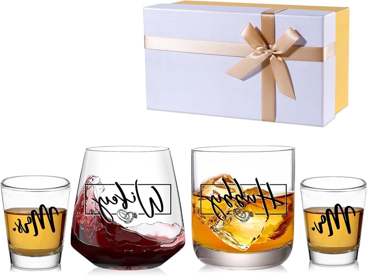 Koppel Wijnglazen - Mr & Mrs - Bruiloft Vieren - Hubby Wifey Design - 2 stuks 16 oz - Transparant