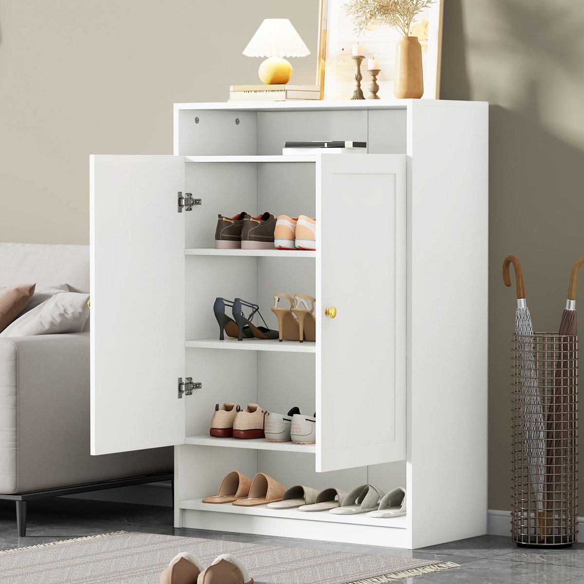 MODFU Schoenenkast - Verstelbare Planken - Modern - Voor Hal - Spaanplaat En Metaal - Wit - 73 x 34 x 109 cm
