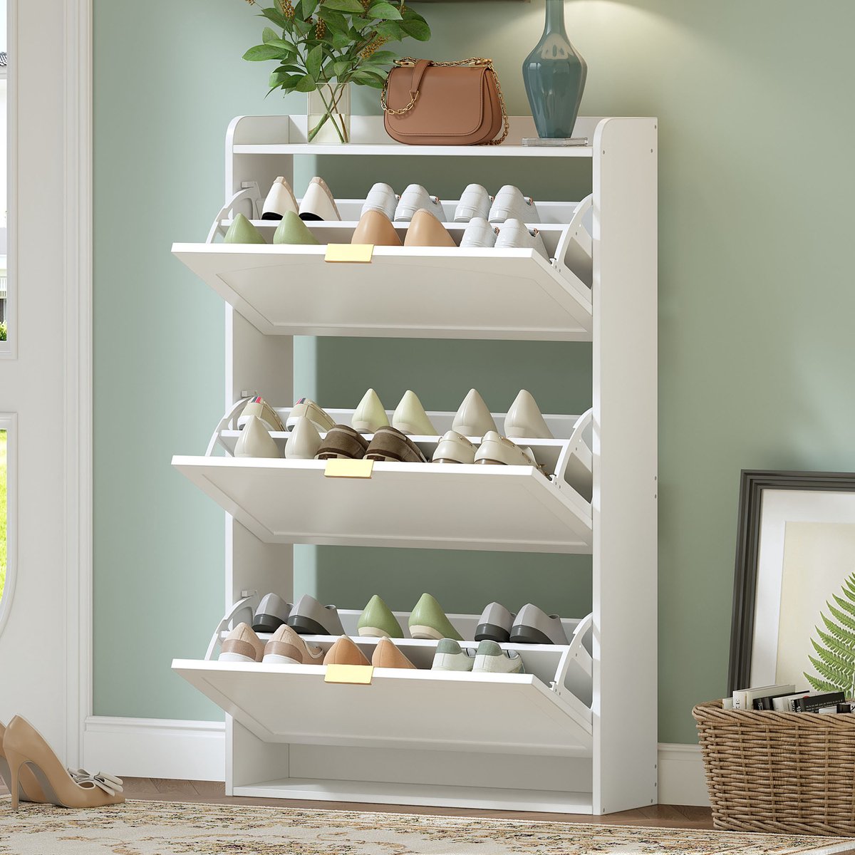 MODFU - Schoenenkast - 3 Kleppen - Ruimtebesparend - Modern - Voor Hal - Spaanplaat - Wit - 76 x 23 x 118 cm