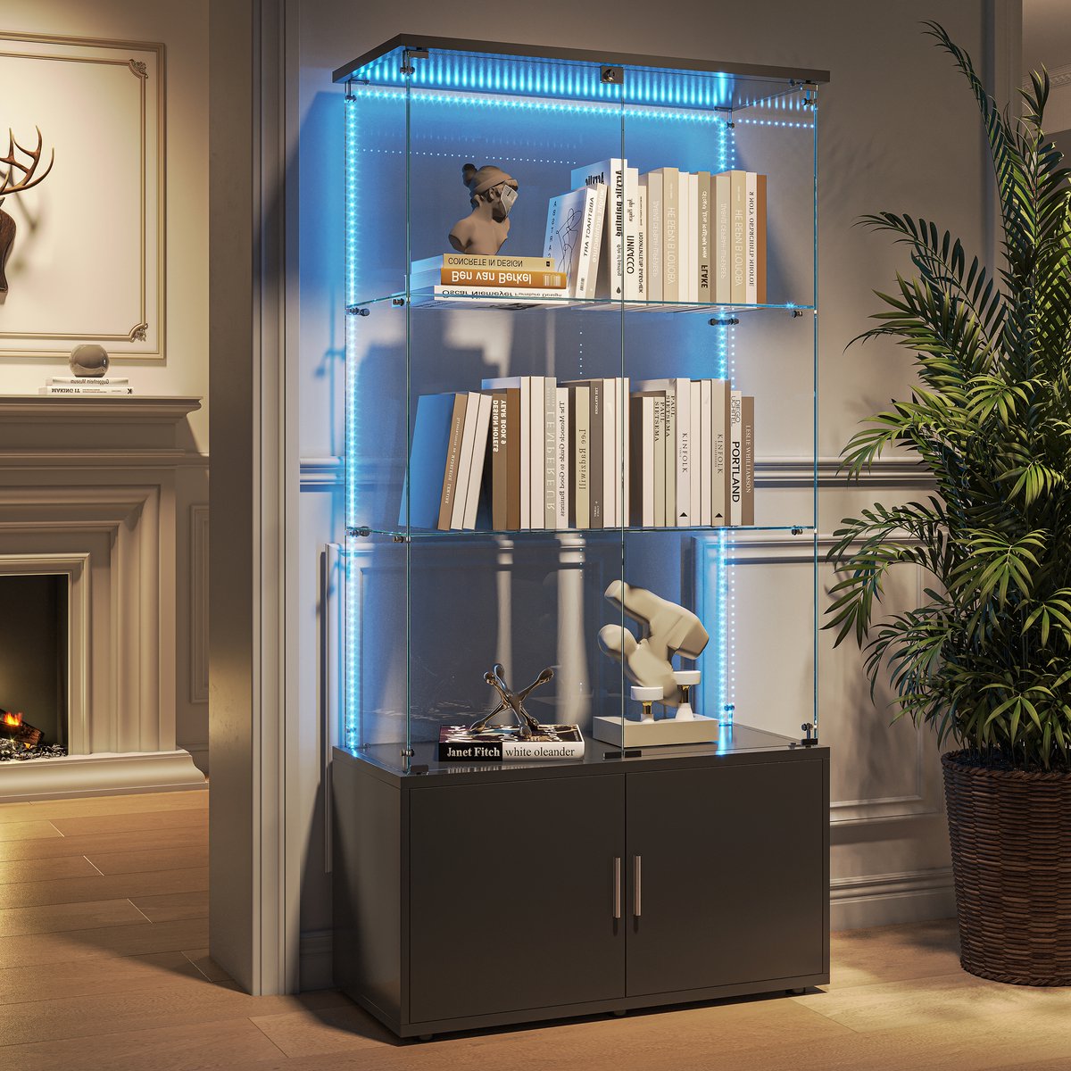 Glazen Vitrine, LED-Displaykast, 3 Lagen, 4 Deuren, Showroomvitrine, Tentoonstellingsvitrine, Geschikt Voor alle Situaties die Sfeeropslag Vereisen (Lichtstrip (Zwart))