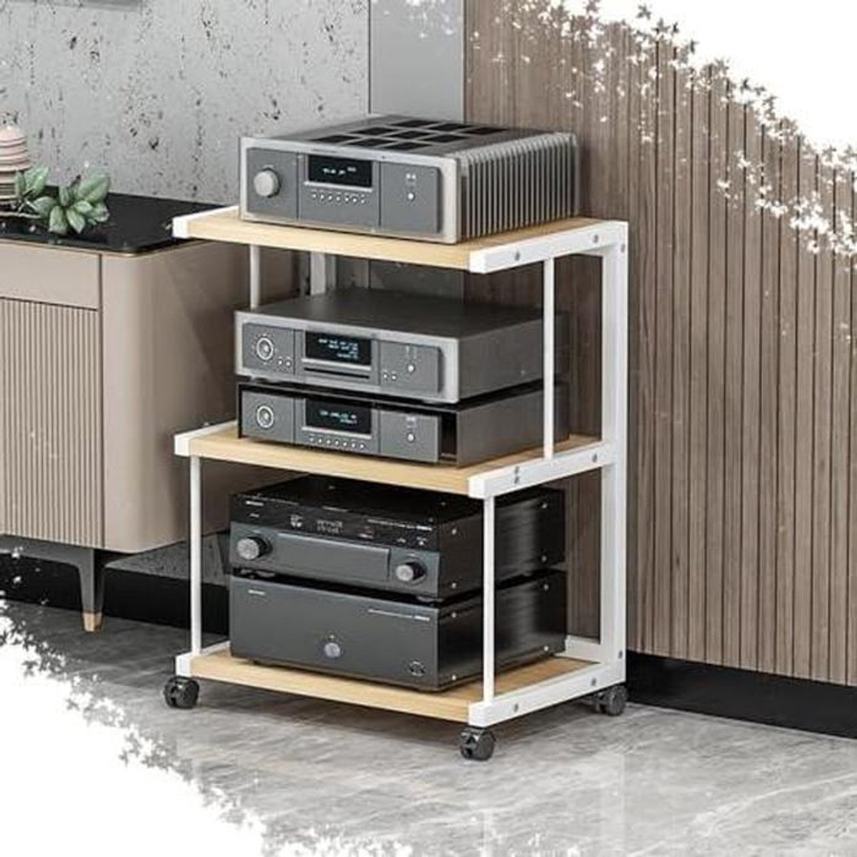 Audio Stand - Versterker Plank - Media Opslag - 360 graden wielen - 3 Tier 70cm - Wit