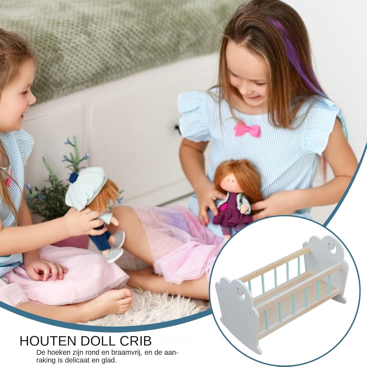 Houten poppenwieg - Poppenbed speelgoed - Poppenhuis spelen - Gemakkelijke montage - 49x19cm - Houtkleur