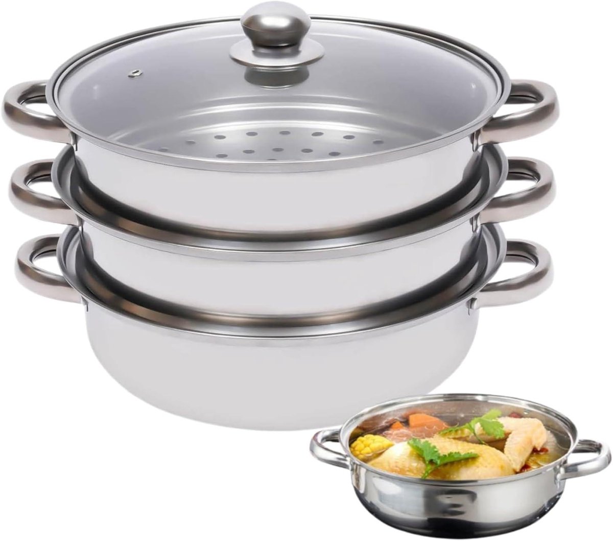 Stoompan Set - Inductie Kookgerei - Gezond Koken - Drievoudig Stapelbaar - 28 cm - Zilverkleurig
