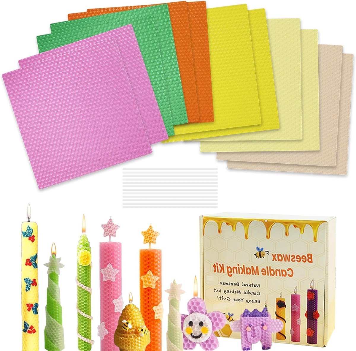 Beeswasplaten voor Kaarsen, Kleurige Bijenwas Kaarsen, Kaarsen Maken, DIY Set voor Volwassenen (12 Stuks Macaron)