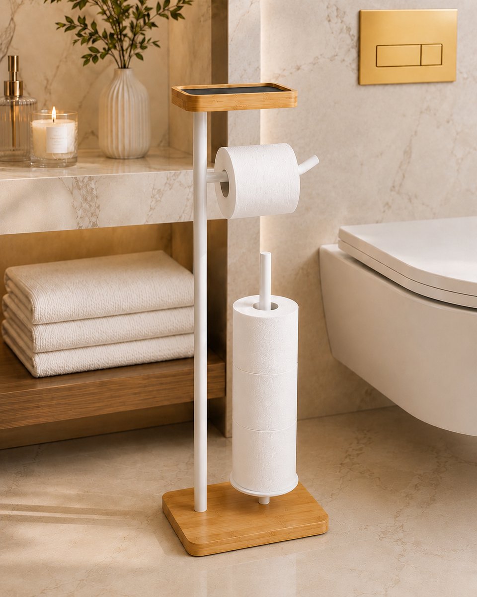 Filano Toiletrolhouder Staand – Met Reserverolhouder & Opbergplateau – Metaal & Bamboe – Wit
