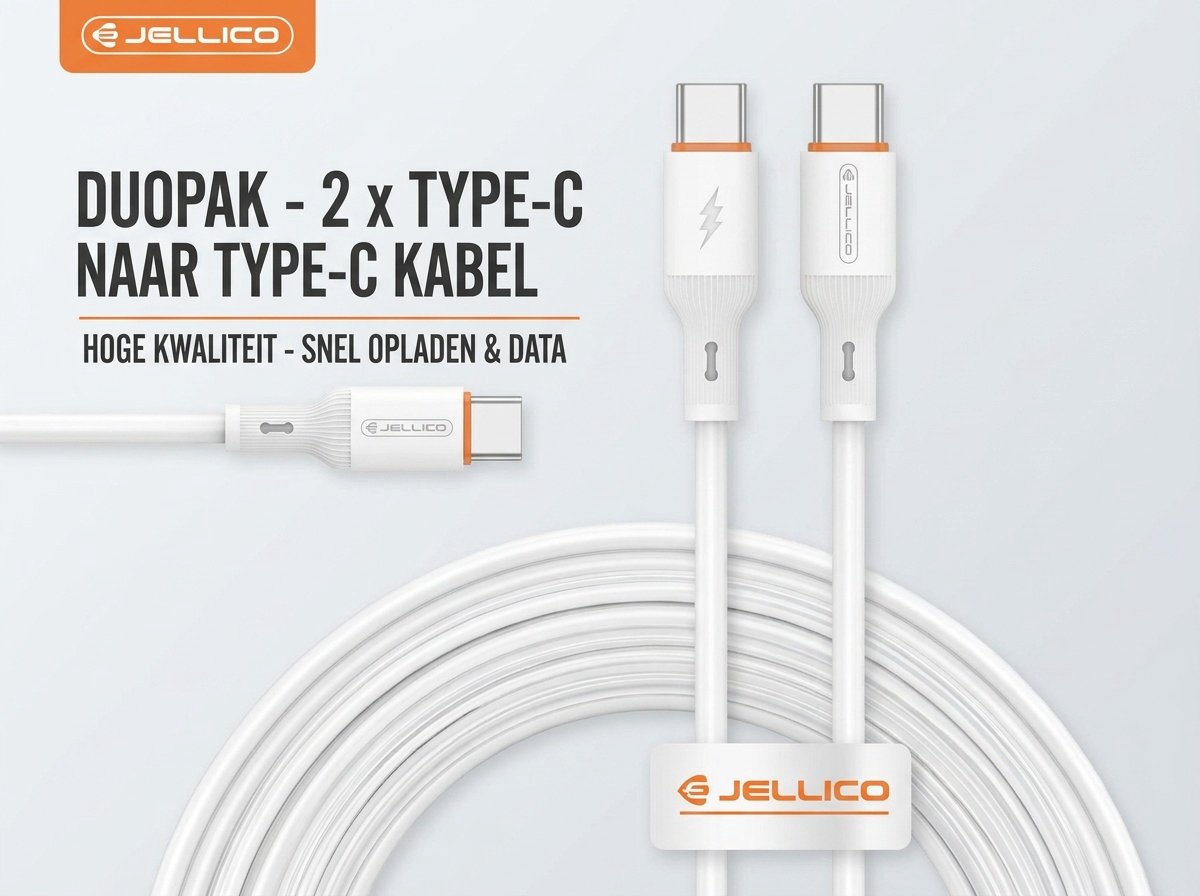 USB-C naar USB-C Kabel 60W Snellader 1 Meter van Jellico – Duo Pack 2 Stuks – Fast Charge Type C Oplaadkabel – Wit
