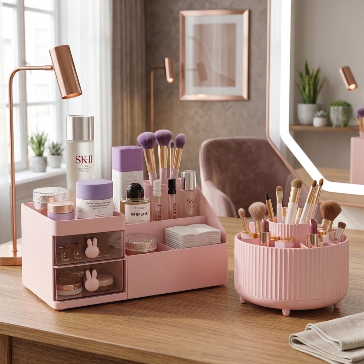 INDECOR 2-Delige Luxe Make-up Organizer Set – Cosmetica Opberger met Lades & Compartimenten – Skincare, Parfum & Nagellak Houder – Roze & Wit