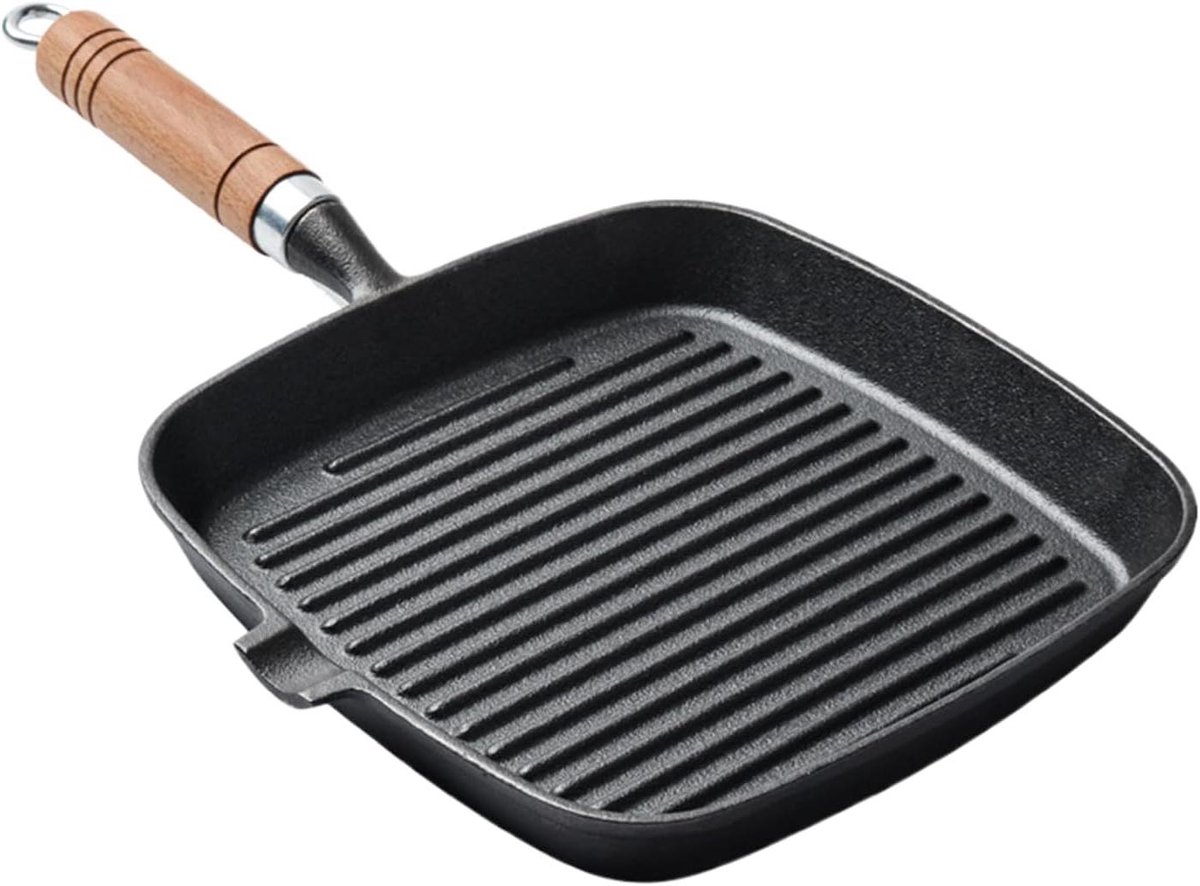 Grillpan Gietijzer - Steakpan Vierkant - Buiten Koken - Houten Handvat - 24 cm - Zwart