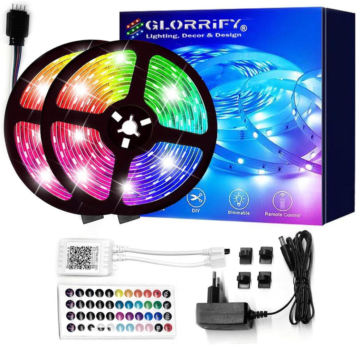 GLORRIFY LED Strip 10 meter – RGB verlichting – Bluetooth App & Afstandsbediening – Muziek Sync – Dimbaar – Sfeerverlichting Multicolor