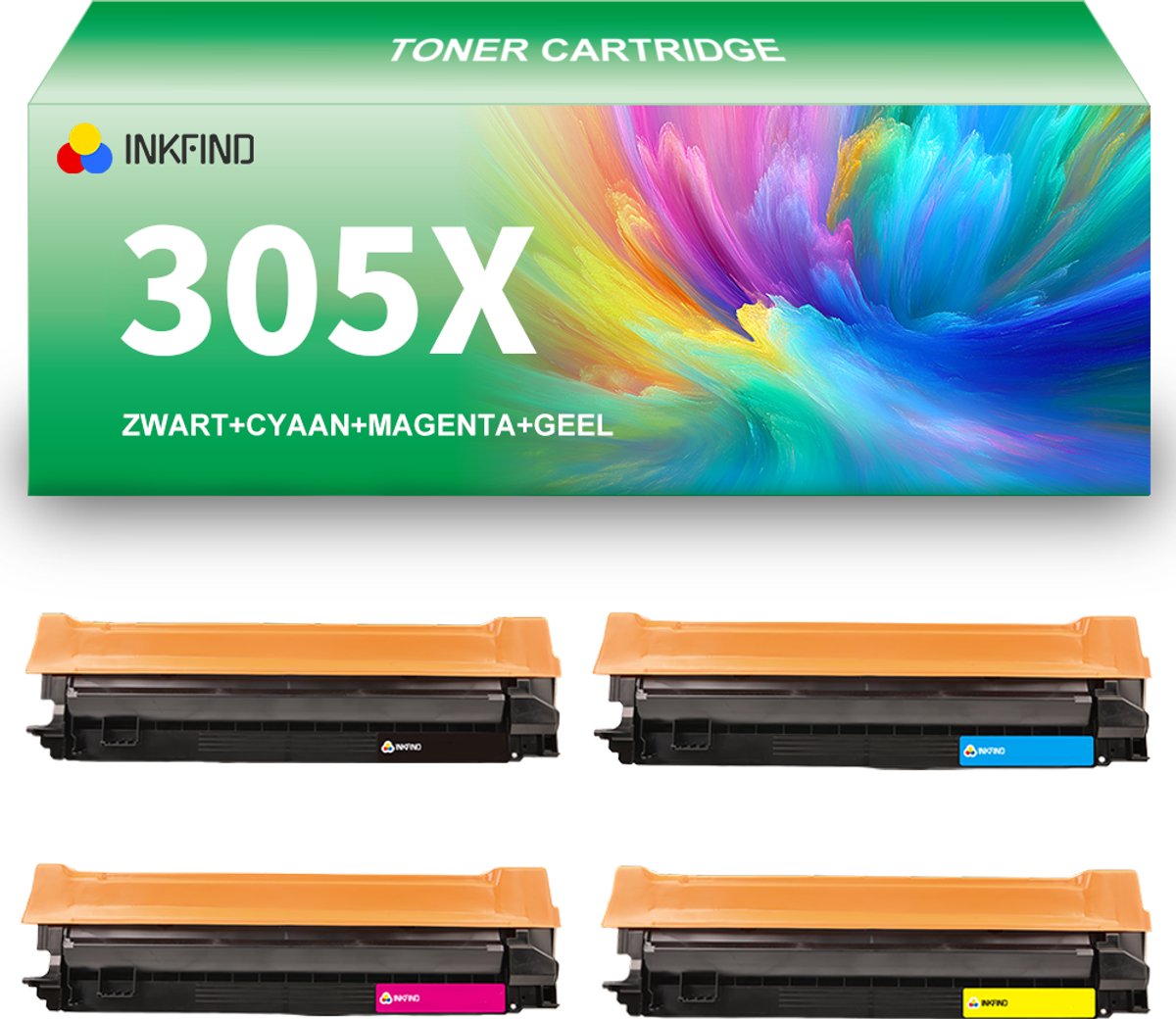 INKFIND 305X (CE410X-CE411A-CE413A-CE412A) tonercartridge multipack van 4 stuks (Zwart+Cyaan+Magenta+Geel) compatibel met HP 305X 305A (CE410X/CE410A-CE411A-CE413A-CE412A) voor HP LaserJet Pro M351a/M375nw;LaserJet Pro M451nw/dn/dw/MFP M475dn/M475dw