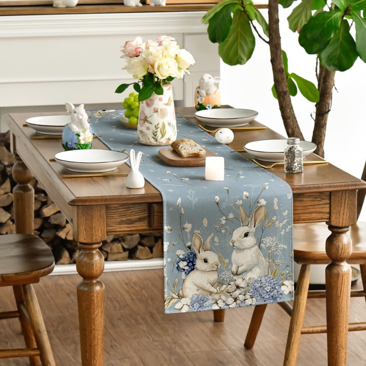 Dailygoods - Tafelloper met Hortensia en Hazen 40 x 100 cm