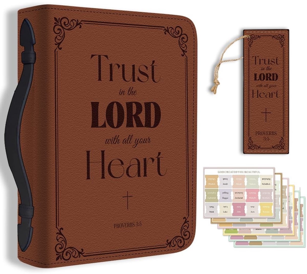 Dailygoods - Grote Bruine Bijbel Cover met Bloemenrand en Tekst