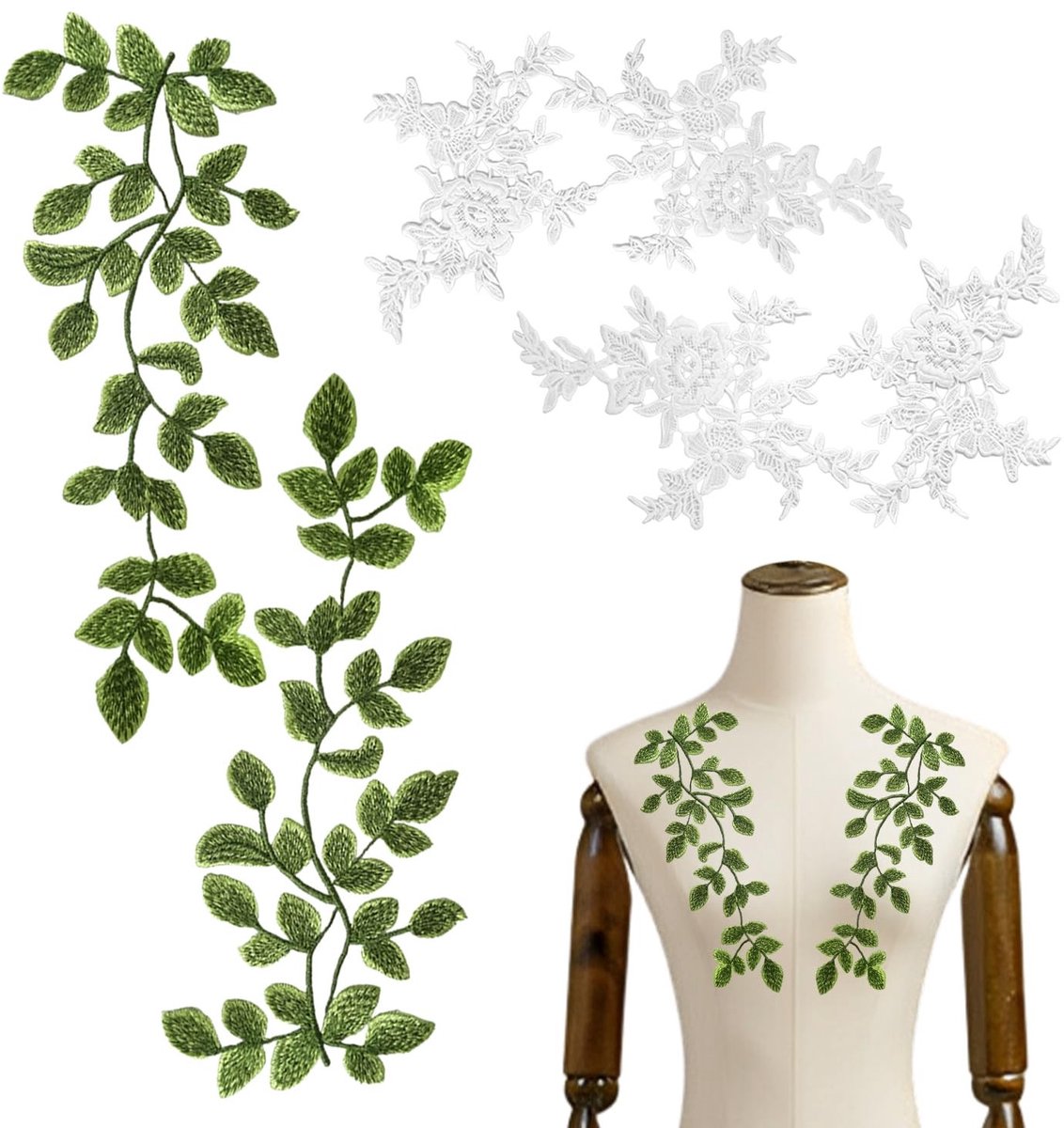 Dailygoods - Geborduurd Kant met Bloemen en Groene Bladeren, 2 Paar