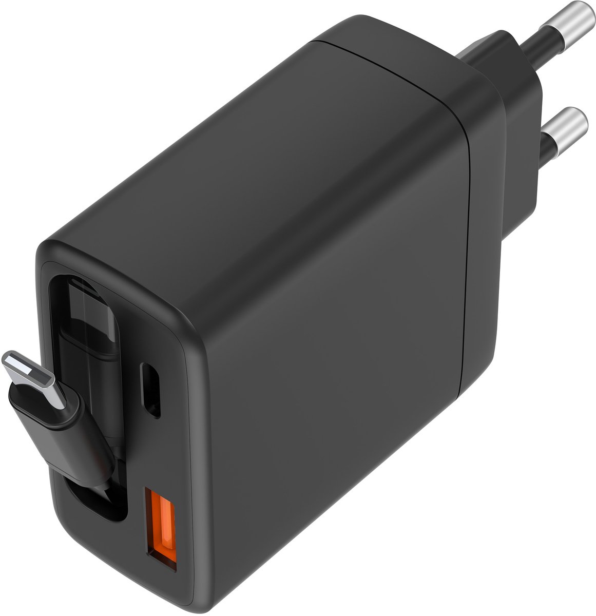 Musthavz 65W GaN Oplader met Oprolbare USB-C Kabel – Zwart – 2 Poorten PD Fast Charger