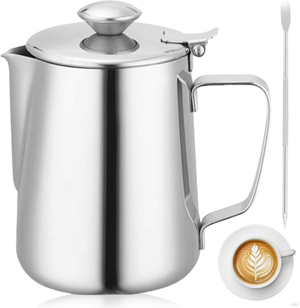 Dailygoods - Roestvrijstalen Melkkannetje met Deksel en Latte Art-naald
