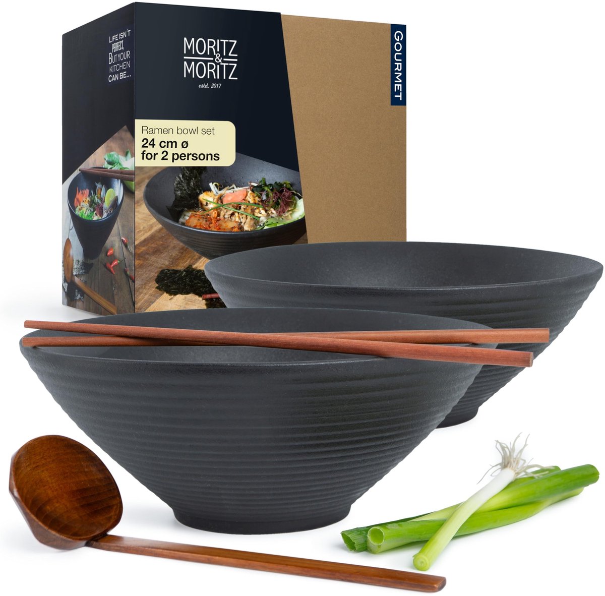 Dailygoods - Set van 2 Keramische Ramen Kommen met Stokjes en Lepel
