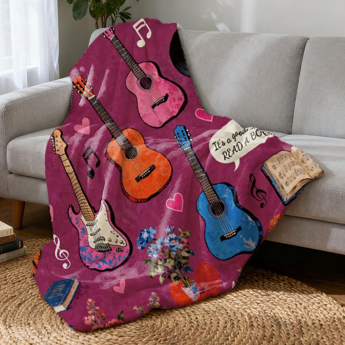 Dailygoods - Zachte Flanel Werpdeken met Gitaren en Bloemen