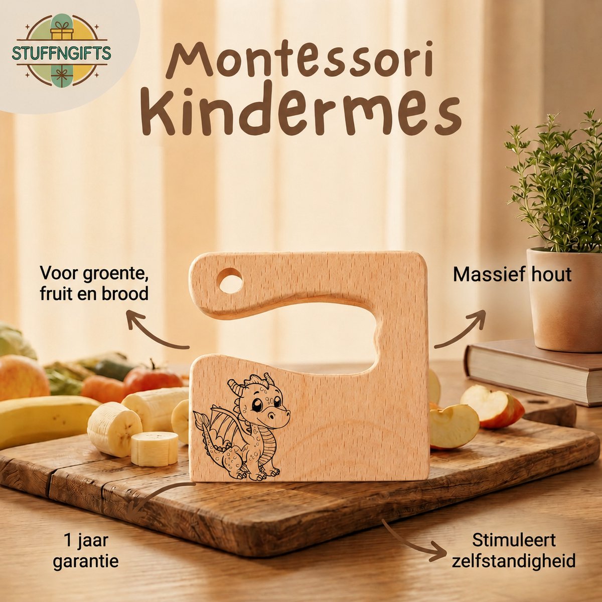 Montessori Houten Kindermes - Draak - Kinder Koksmes - Peuter kok - Verjaarsdag cadeau klein - Houten Kinderbestek - Leren Snijden en Koken voor Kinderen - Montessori Speelgoed - Sint kado - Schoen cadeau